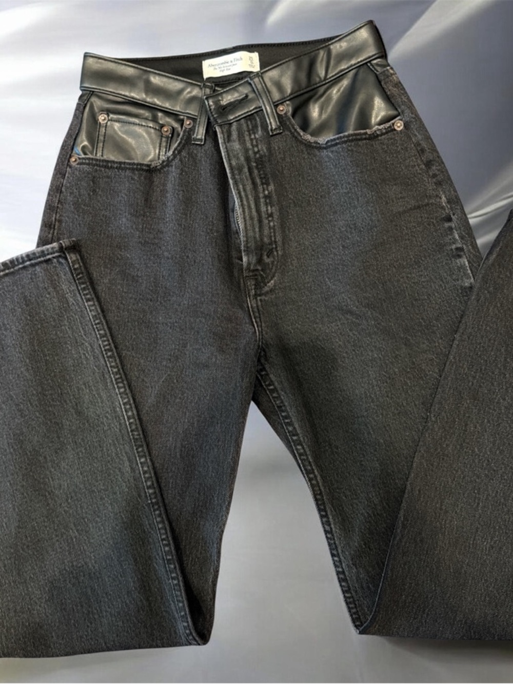 Abercrombie & Fitch Black High-Rise Jeans with Faux Leather Waistband